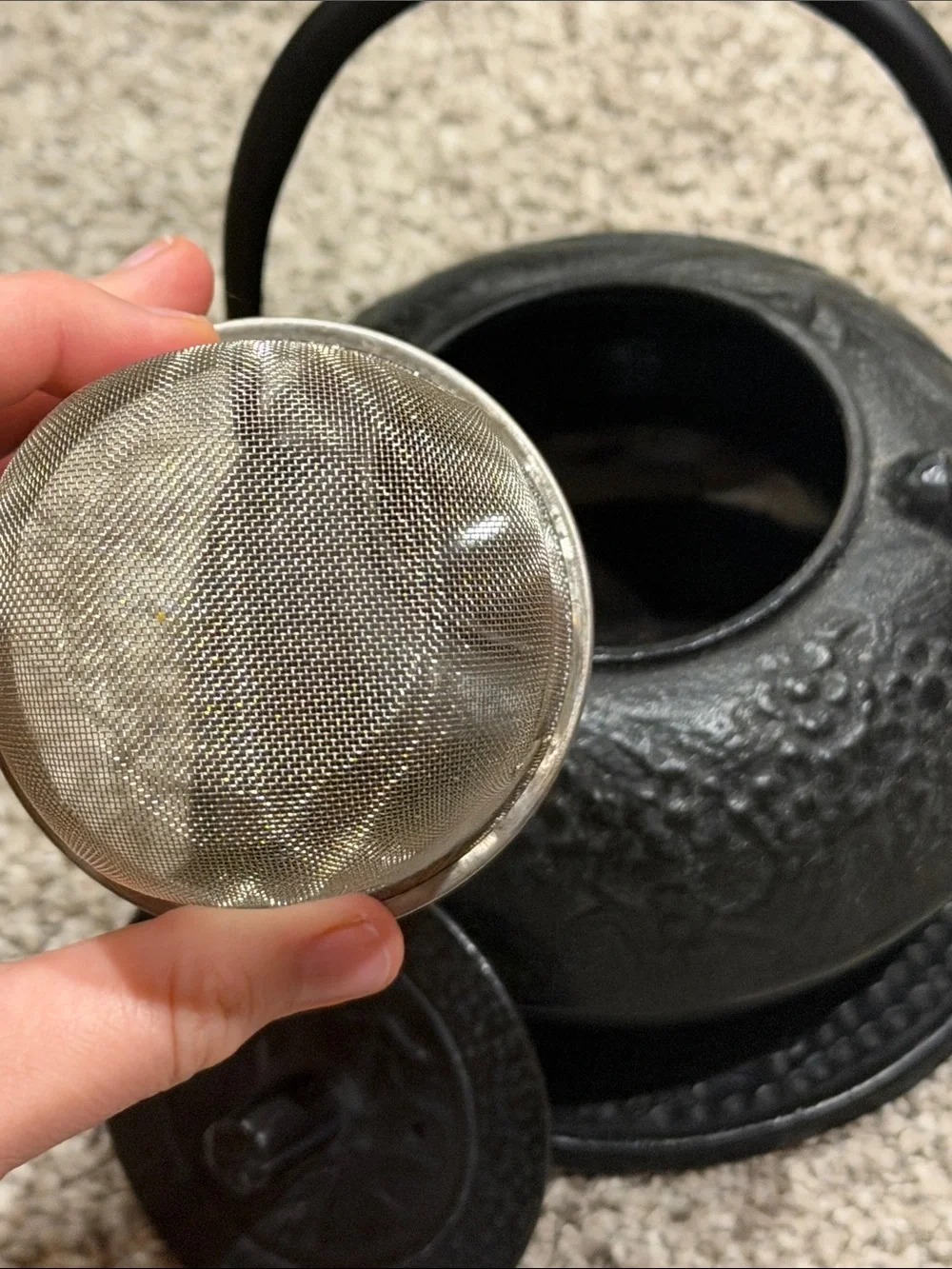 Small Cast Iron Black Teapot with Handle and Trivet and mesh insert